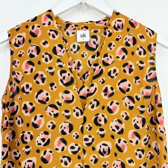 Cabi #3792 Golden Yellow Leopard Print V Neck Flowy Sleeveless Blouse - Picture 6 of 14
